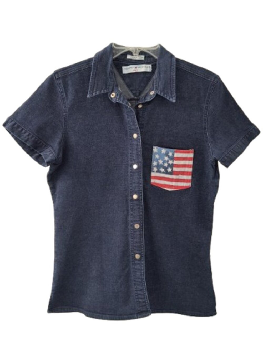 Y2K Tommy Hilfiger Short-Sleeve Snap Front Patriotic Jean Shirt - Women's L